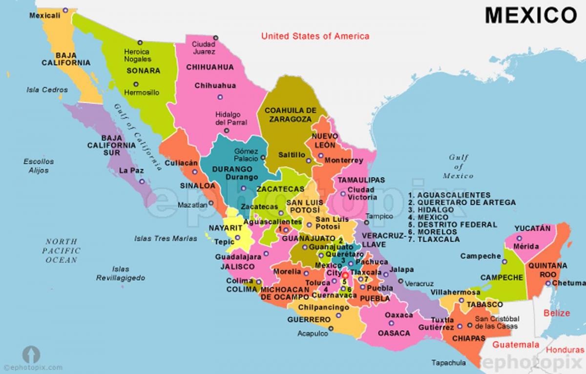 Mexiko mapa se státy a hlavní města