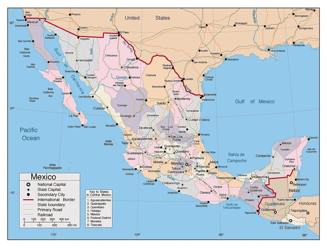 Mexiko mapa s větších městech