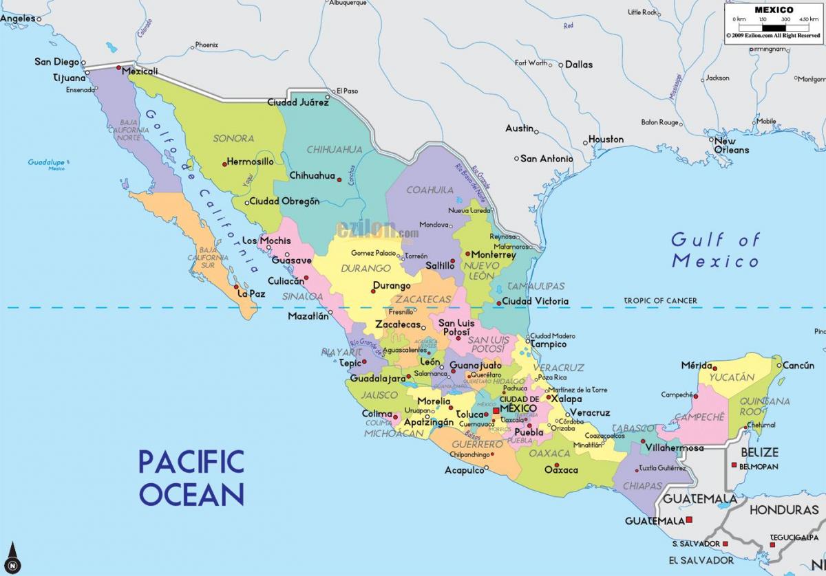 mapa Mexika ukazuje měst
