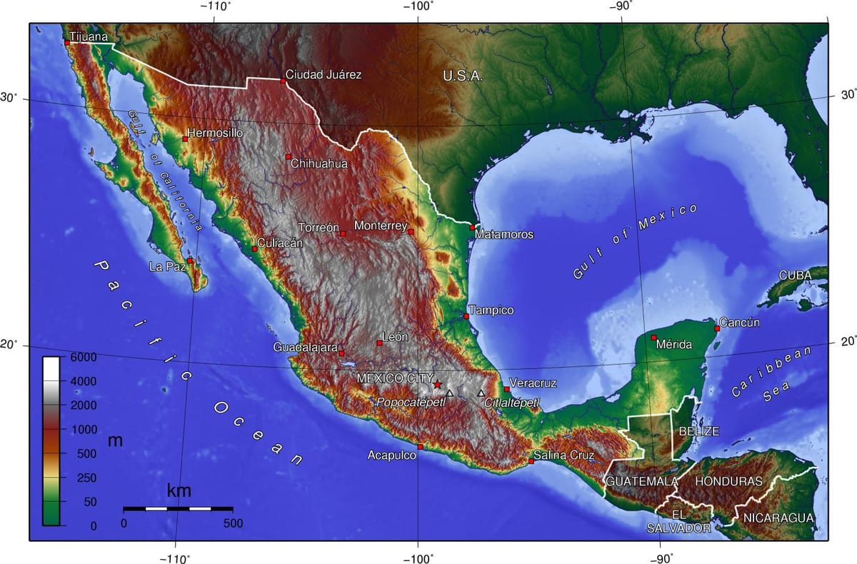 mapa Mexika nadmořská výška