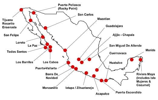 mapa Mexika destinací
