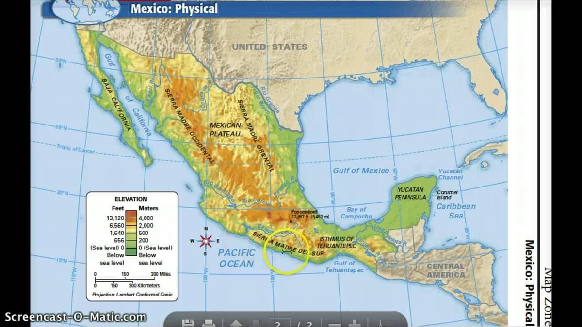 Mexiko mapa fyzikální vlastnosti