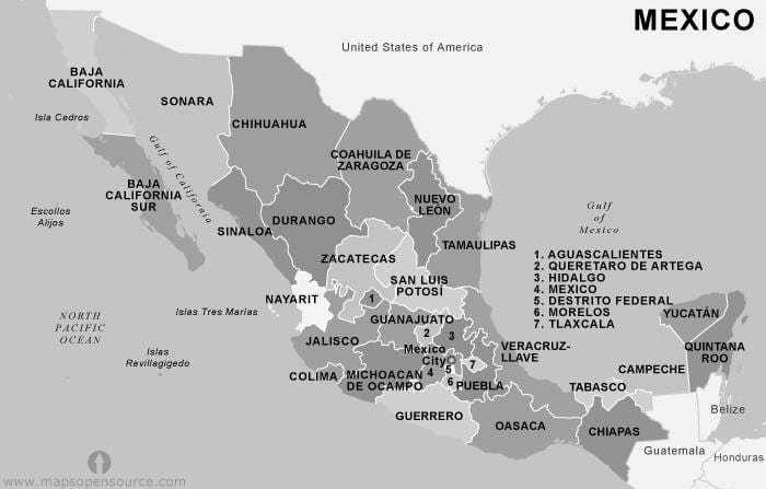 mapa Mexika černé a bílé