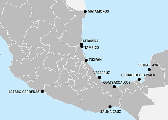 mapa Mexika porty