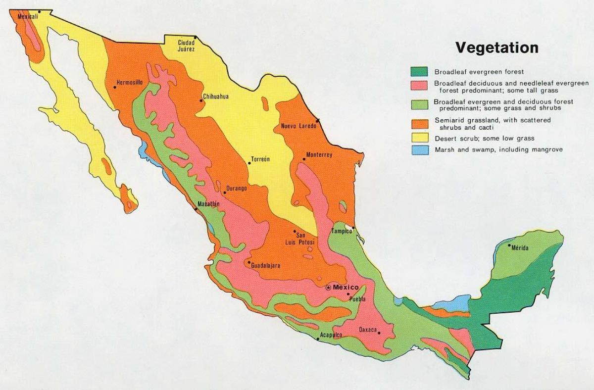 mapa Mexika přírodními prostředky