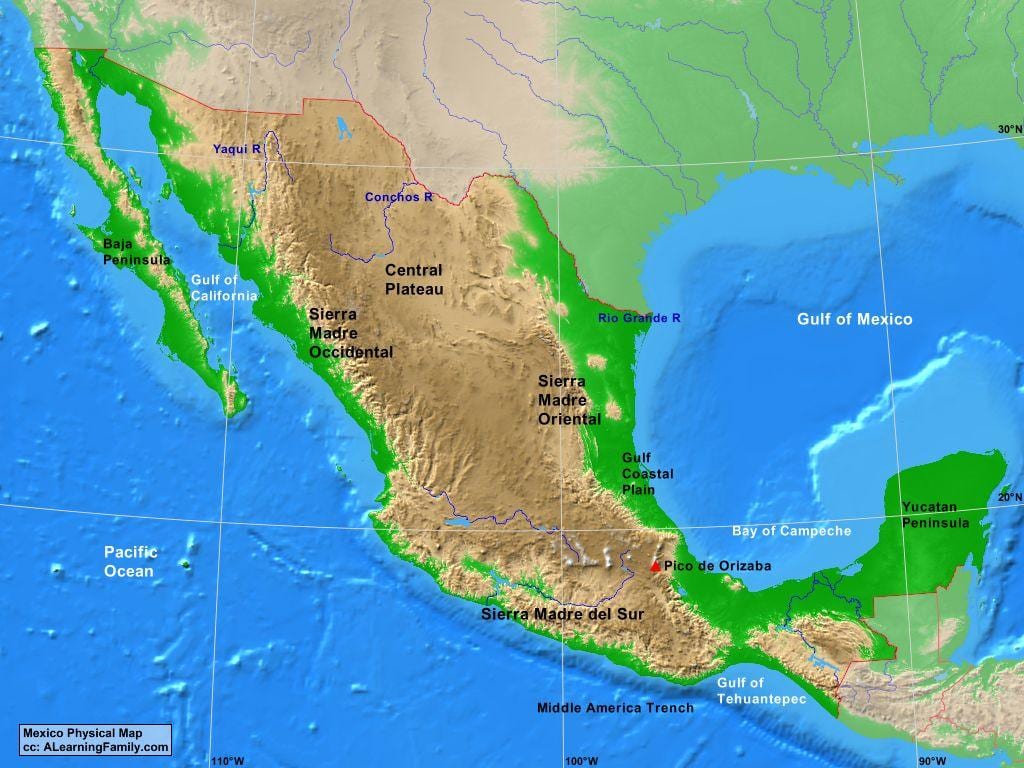 mapa Mexika tvary zemského povrchu
