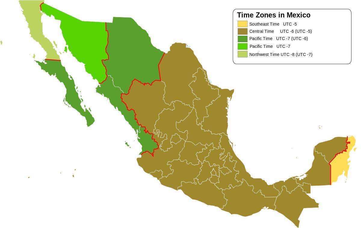 časové pásmo mapa Mexika