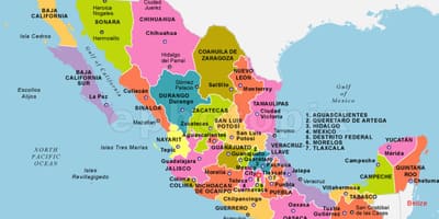 Mexiko mapa se státy a hlavní města