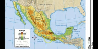 Mexiko mapa fyzikální vlastnosti
